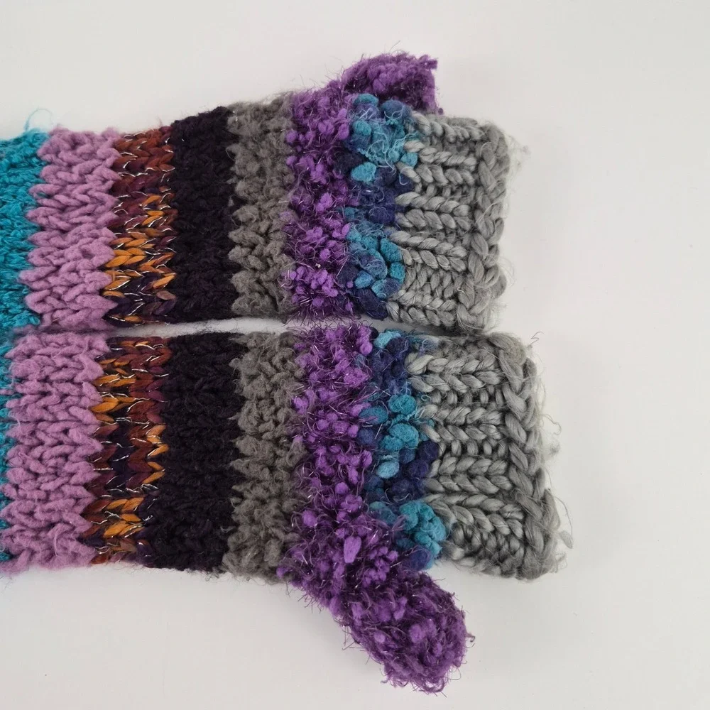 Boho Multi Color Striped Chunky Knit Fingerless Gloves Arm Warmers One Size